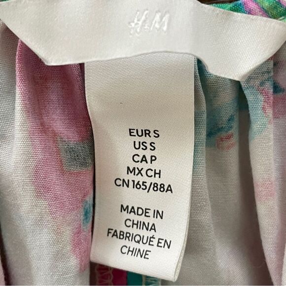 H&M PUFF-SLEEVED TIE-DETAIL FLORAL DRESS White Pink Green Blue Small - Picture 11 of 13
